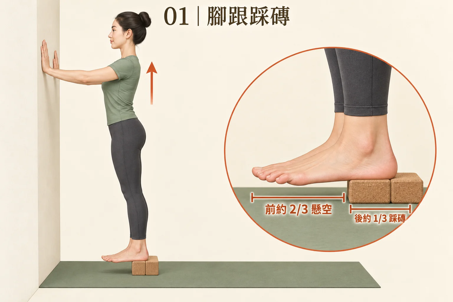 圖 01:後約三分之一的腳跟區域踩磚;前部懸空。全身圖與放大圖呈現相同支撐位置。比例為示意,非精確測量。