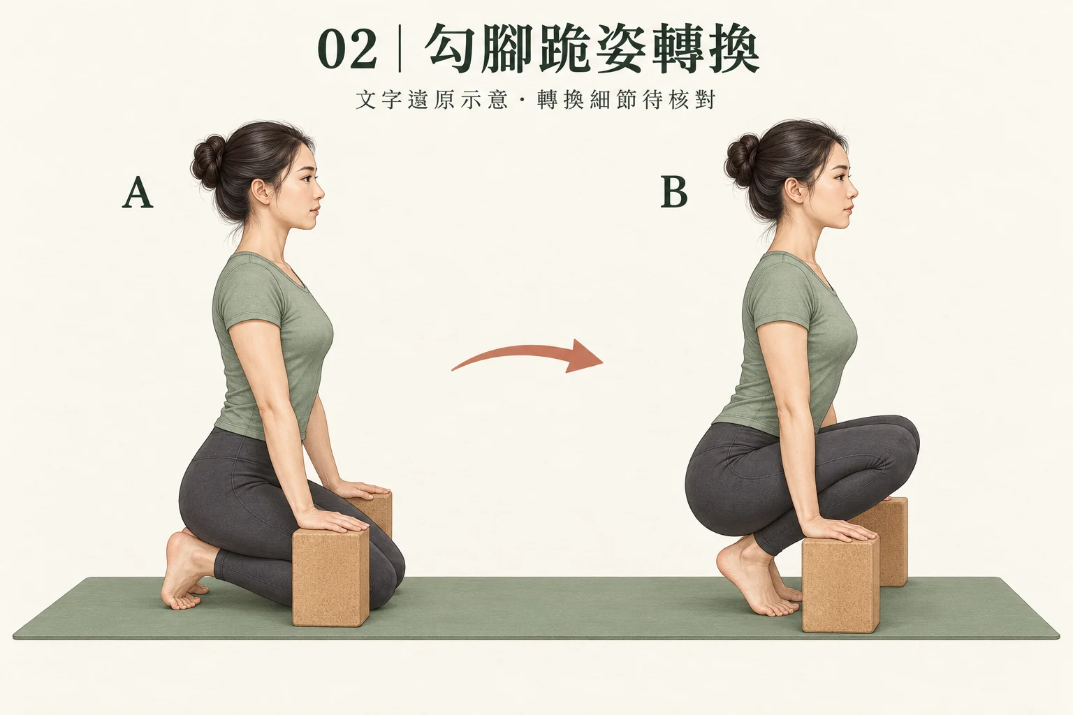 圖 02:勾腳跪姿與提膝後支撐位置的文字還原示意。完整轉換路徑尚待核對,勿只憑此圖首次嘗試。