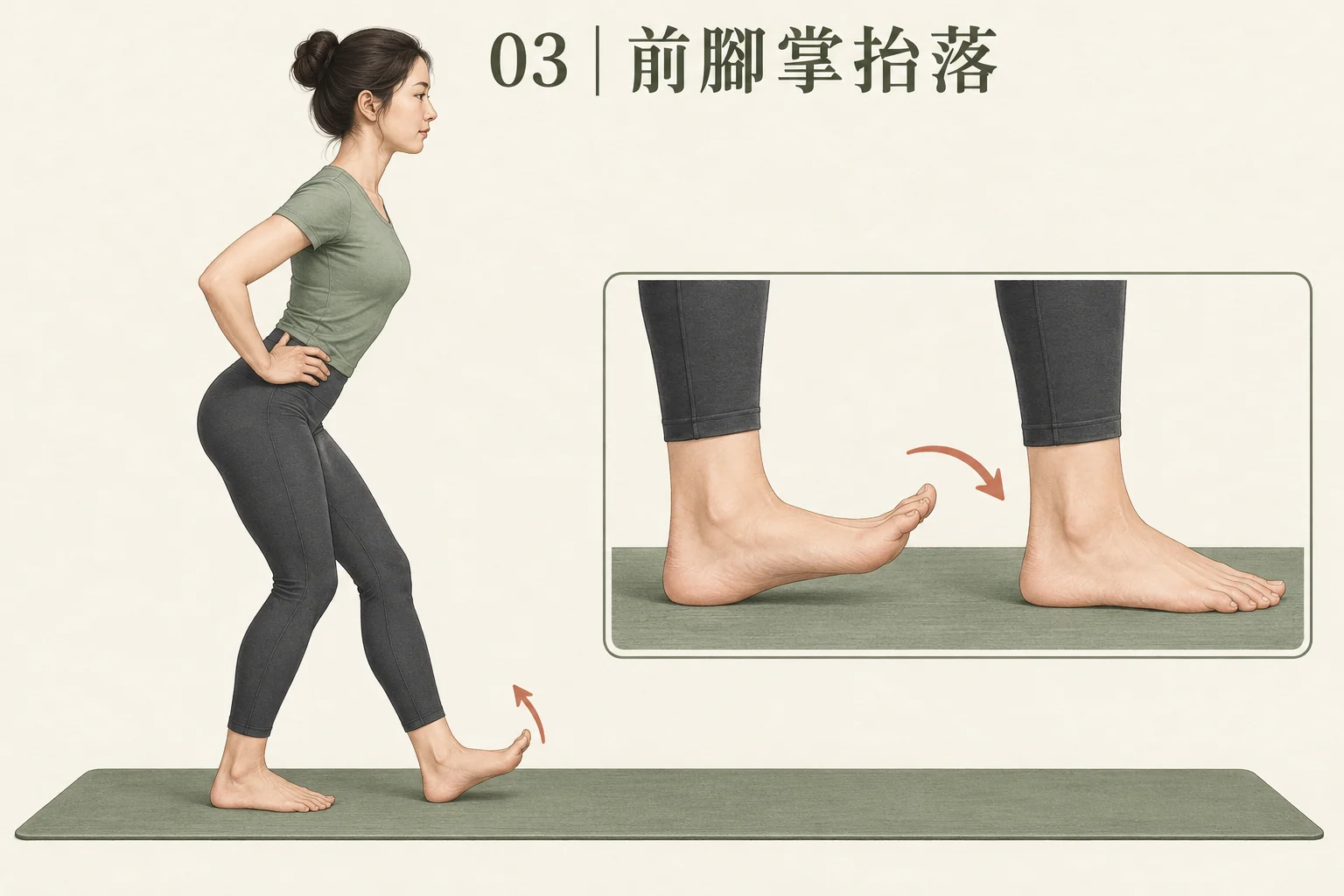 圖 03:前腳跟持續接觸地面,從腳踝帶動前腳掌抬落。