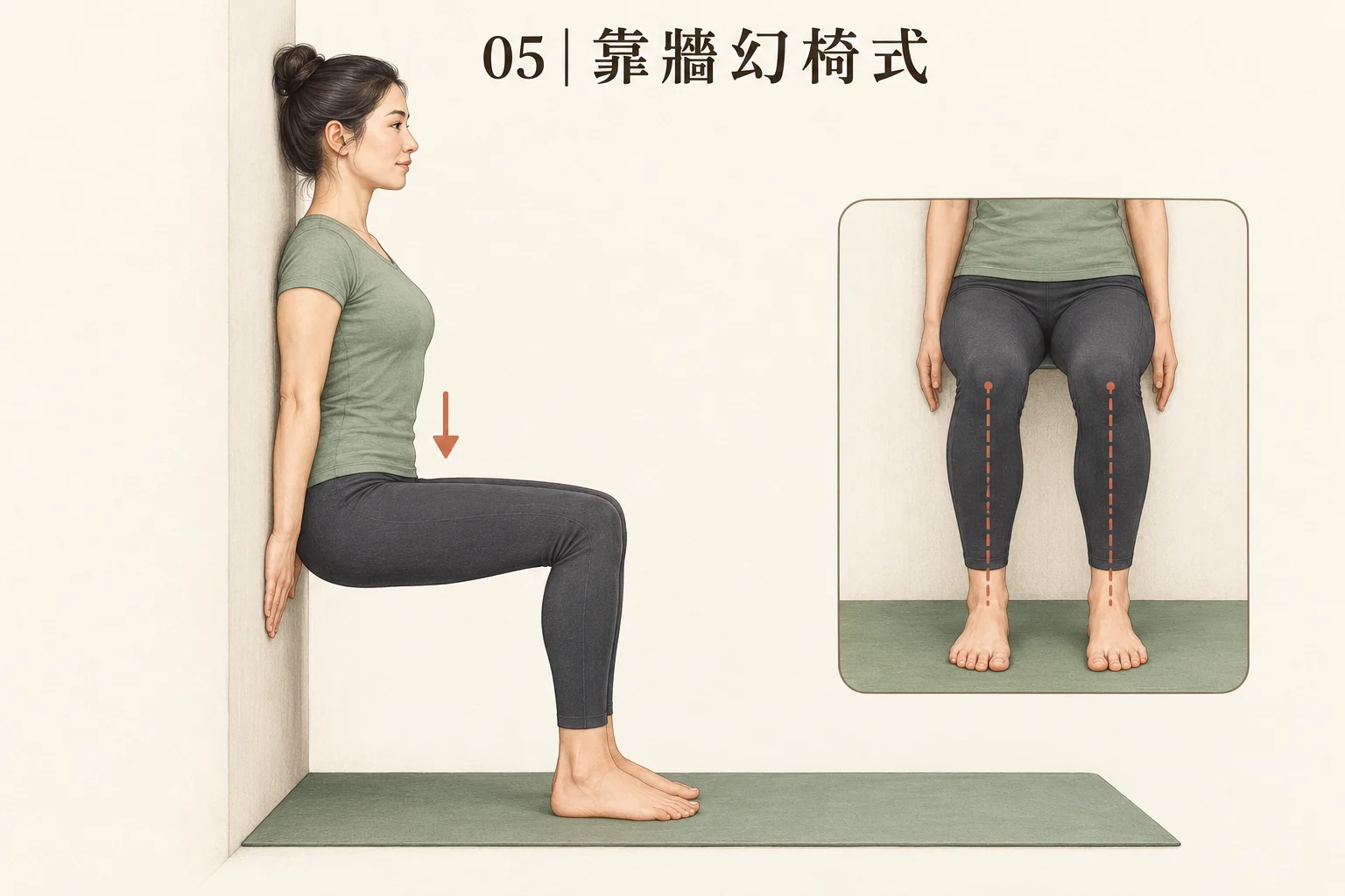 圖 05:靠牆下蹲的側面位置,以及膝蓋與腳尖方向示意;下蹲深度依能力調整。
