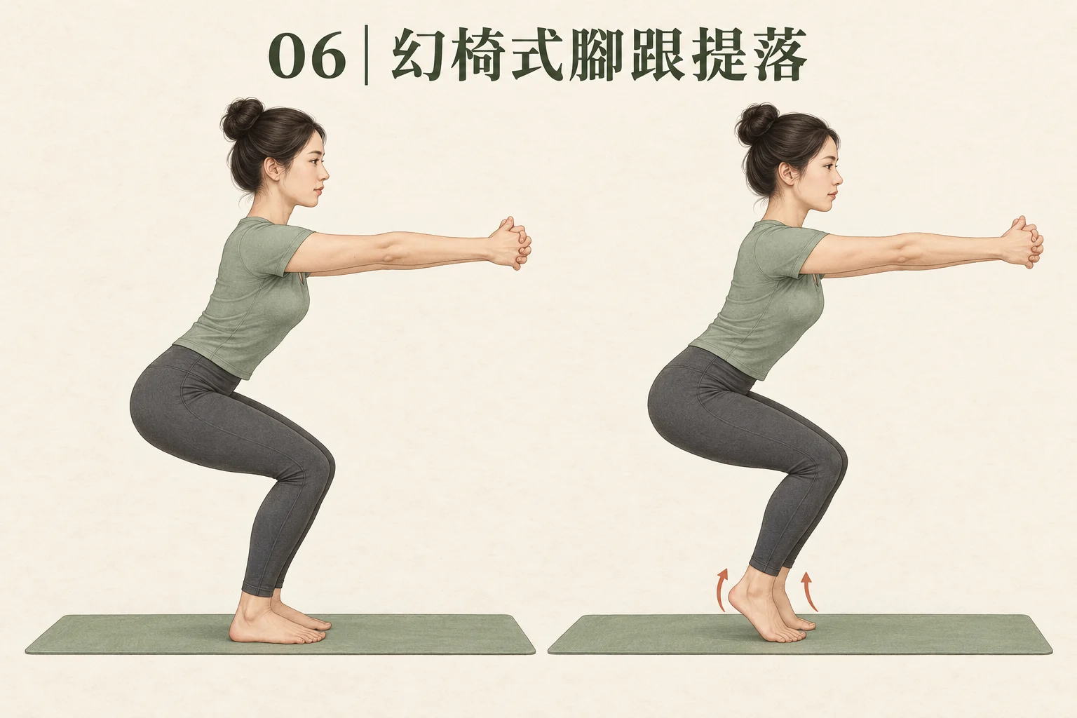 圖 06:幻椅式腳跟著地與抬起兩個位置;抬起時由前腳掌支撐。