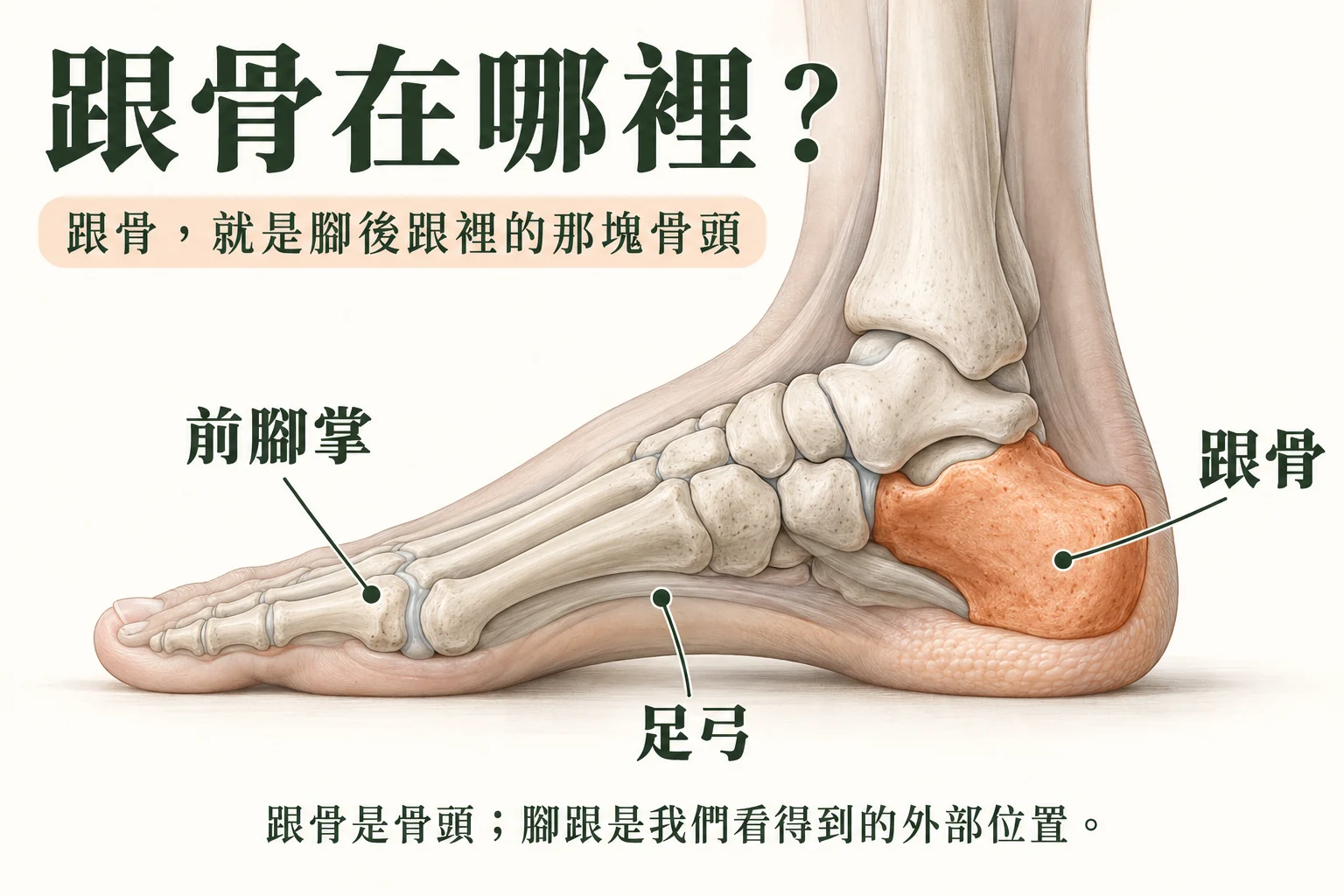 跟骨位置示意:橘色區域位於腳後跟內部、踝關節下方;另標示足弓與前腳掌